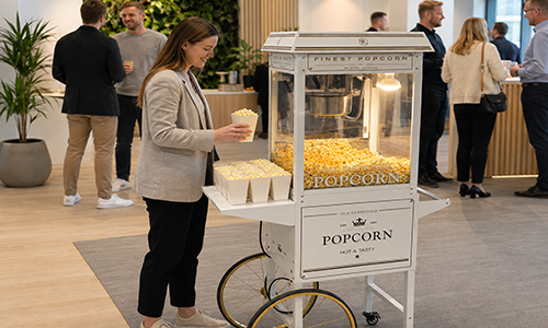 Kvinde tager popcorn fra popcornvogn til firmaarrangement